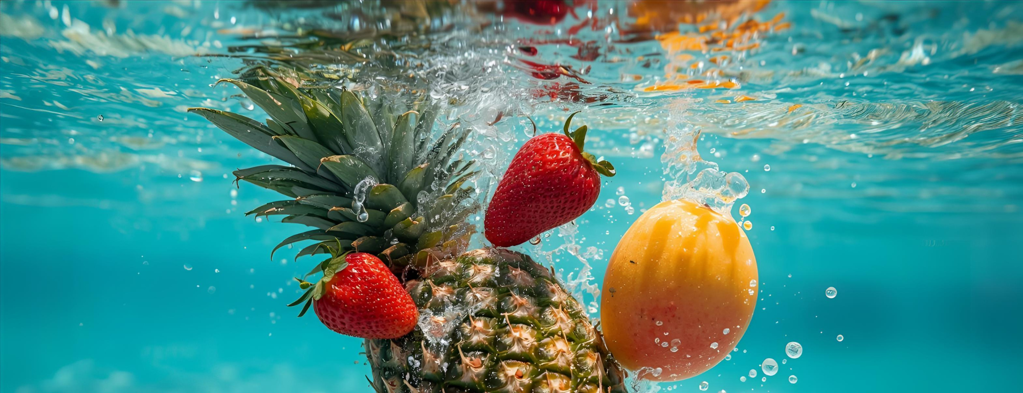 Pineapple and fruits underwater with clear blue water