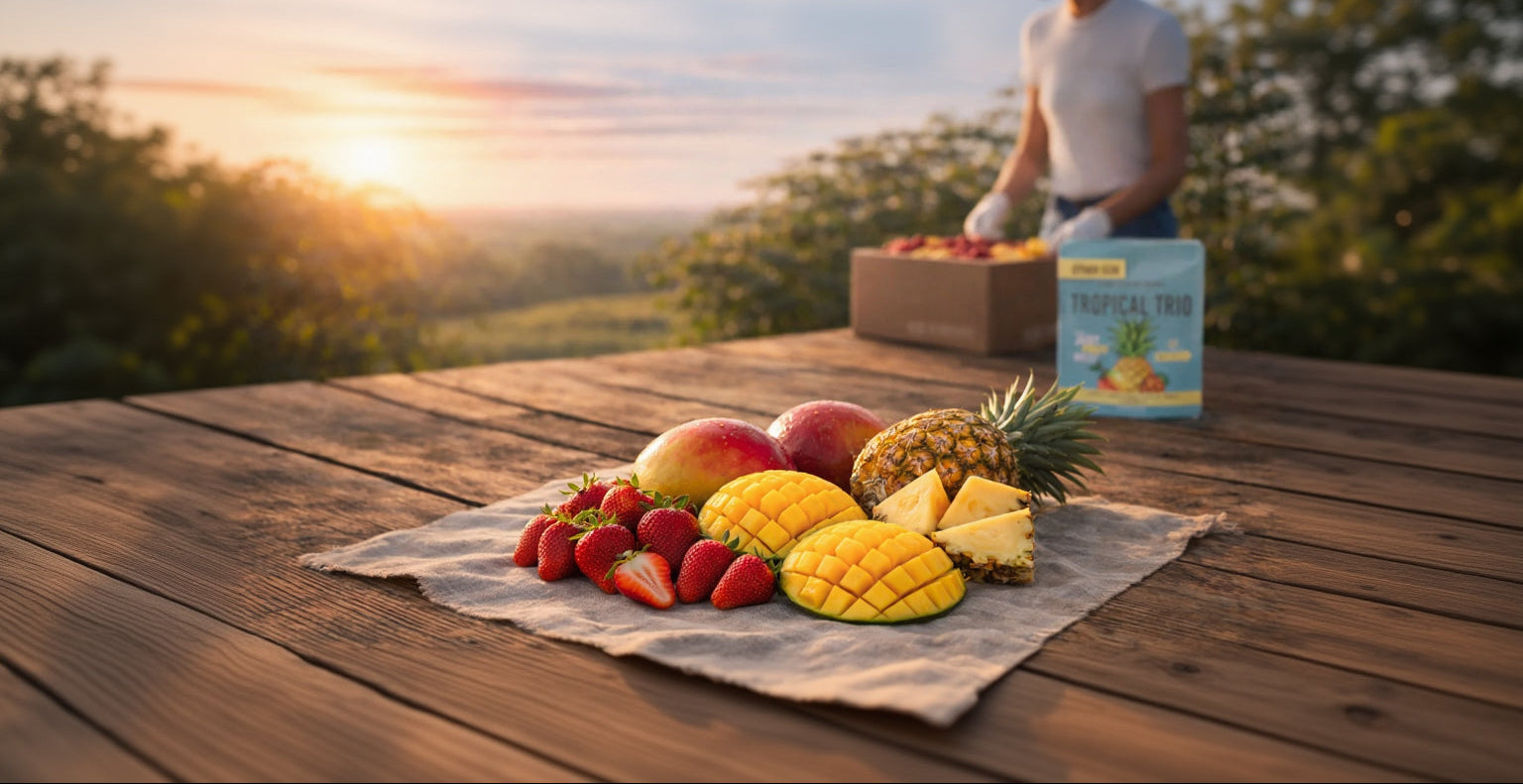 Fruits including pineapple, mango, and strawberries on a wooden table with a scenic background.